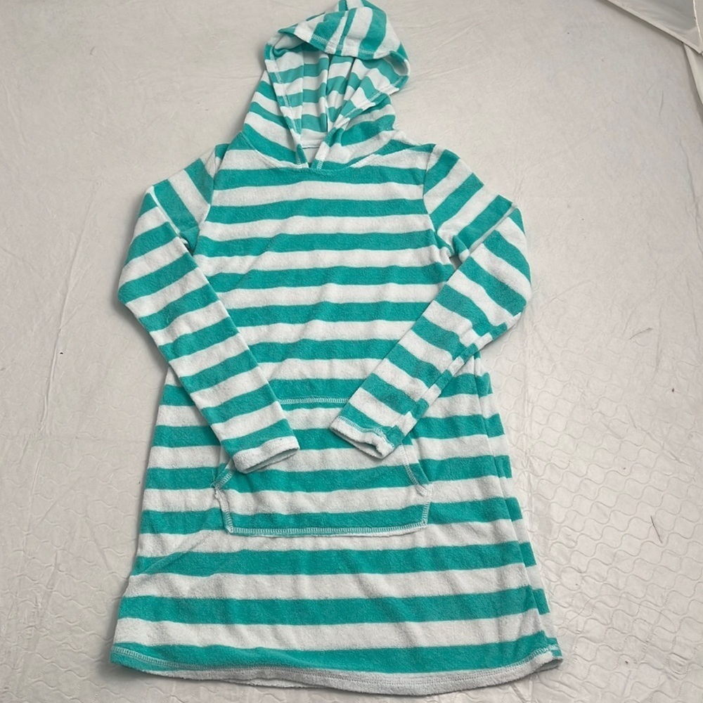 SO green and white horizontal striped terry cloth hooded swim cover up
